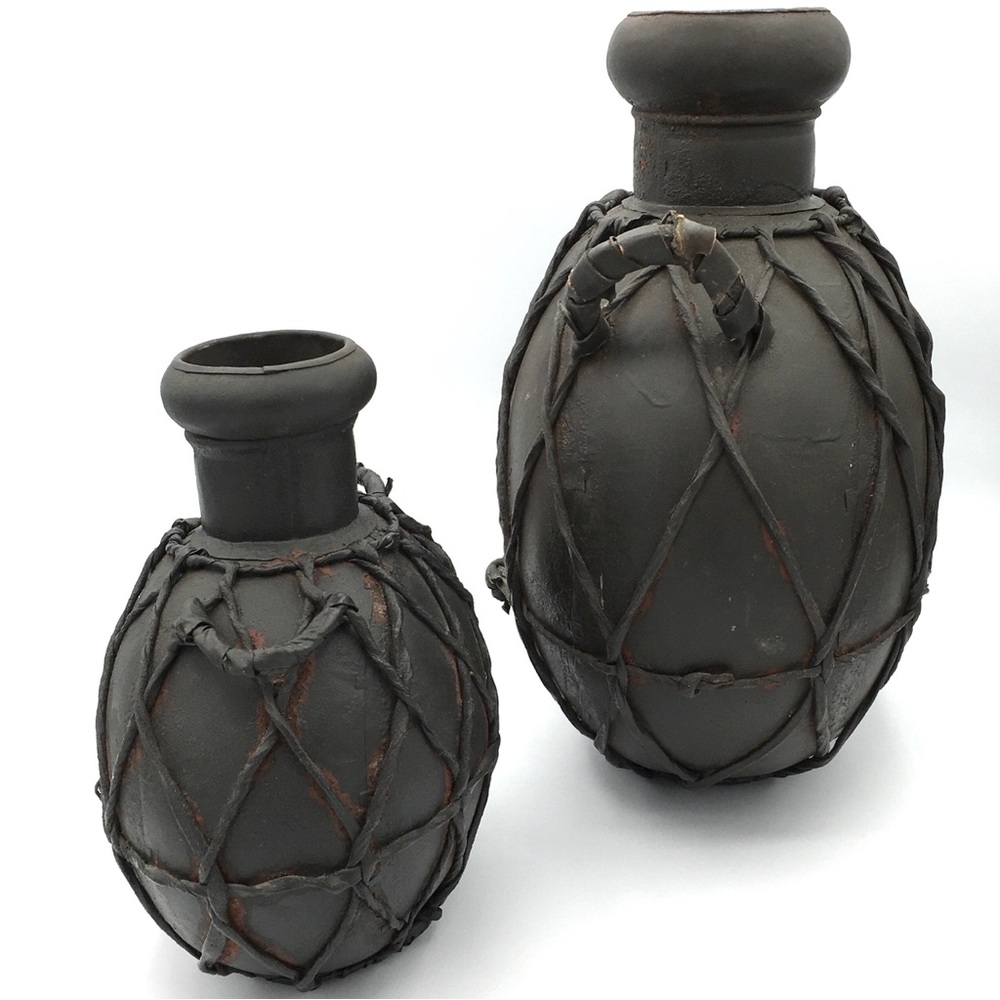 Italian Decorative Leather Wrapped Metal Canteen Water Jugs 12” & 8” Set of 2 - Picture 2 of 16
